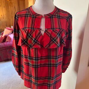 J. CREW Red and Black Ruffle Long Sleeve Blouse Shirt Top – XXS